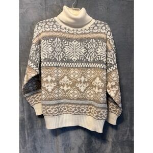 Vintage Limited Express Fair Isle Turtleneck Sweater Beige Gray Snowflake‎ M 80s